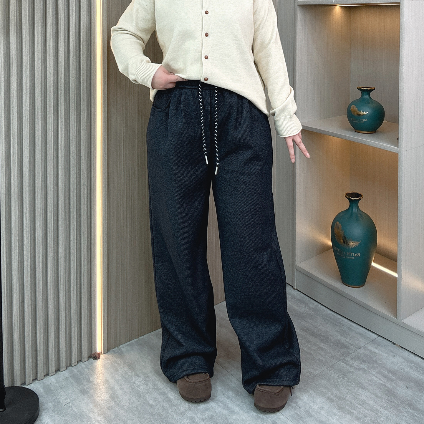 加绒加厚毛呢醋酸羊毛裤子女秋冬大码胖mm高腰宽松显瘦窄版阔腿裤 - 图2