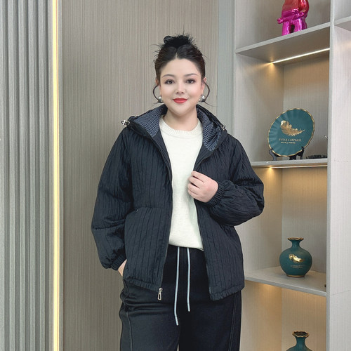 大码胖mm撞色连帽棉服外套女200斤秋冬新款薄款夹棉宽松棉衣上衣 - 图0