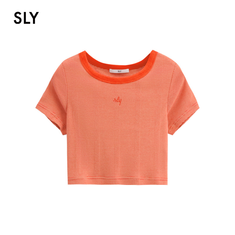 SLY 夏季新品LOGO刺绣条纹小版型修身短款T恤女030GAR90-4690 - 图3