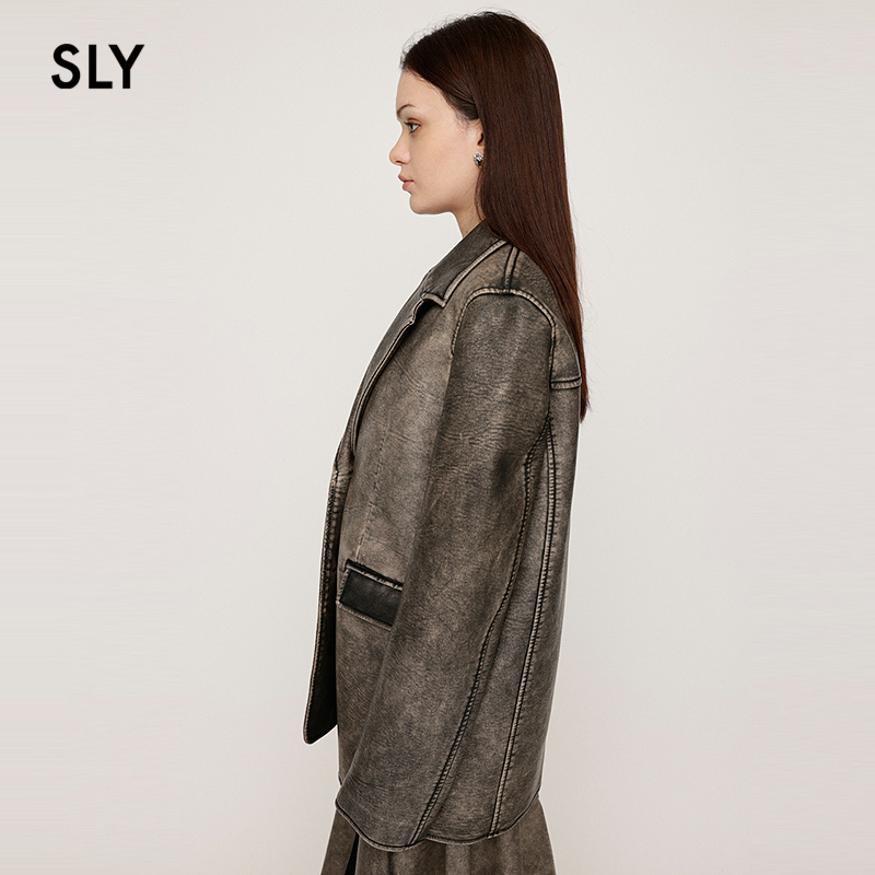 SLY 2025外夏季新品港风做旧擦色PU皮廓形西装外套030ISZ30-0241 - 图1