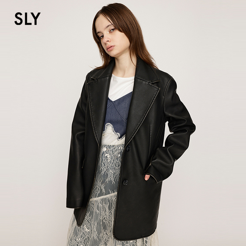 SLY 2025外夏季新品港风做旧擦色PU皮廓形西装外套030ISZ30-0241 - 图0