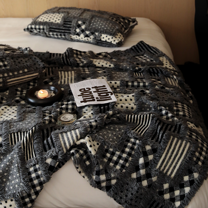 Zijpe~小众时髦感秋冬保暖AB版羊绒呢提花盖毯毯子沙发午睡毯床品 - 图2