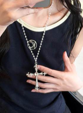 小众穿搭~黑色十字架项链女秋冬y2k卫衣毛衣链长款轻奢高级感配饰