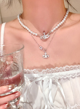 土星项链辣妹珍珠叠戴锁骨链2026新款爆款别针小众设计颈链choker