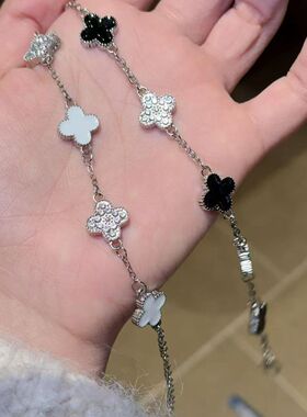 幸运四叶草手链黑白双面满钻小众设计学生百搭精致闺蜜手串生日