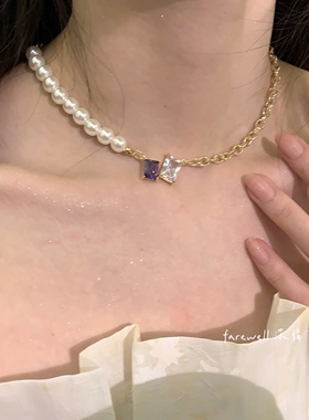 2026新款紫色锆石珍珠锁骨链