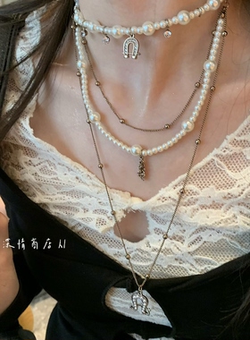 韩系复古U型珍珠马蹄叠戴锁骨链