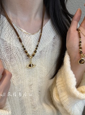 美拉德虎眼石双层皮绳锁骨链