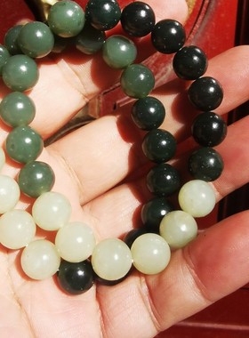 和田玉且末料十毫米渐变手串，从黑青到青白，个性手串 识货的来
