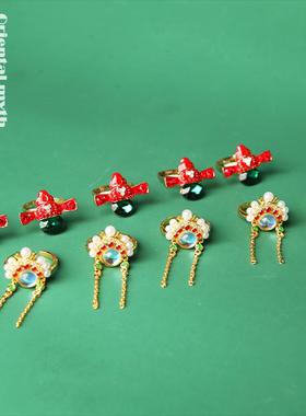 复古新中式国潮戏曲京剧流苏戒指贝珠古风时尚百搭气质小众指环