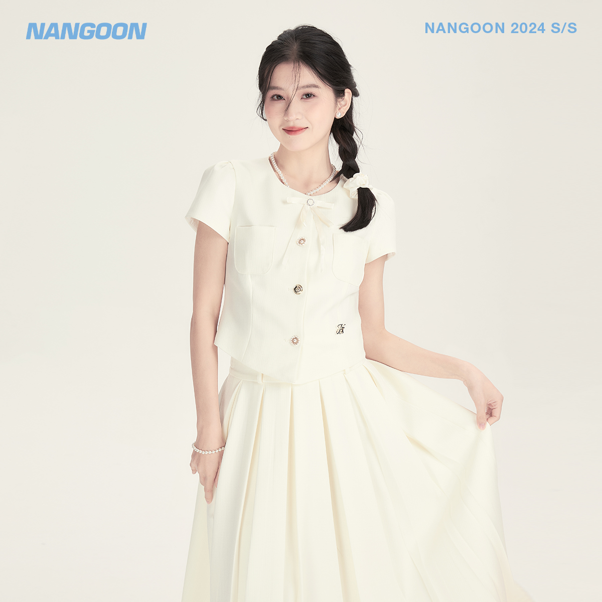 NANGOON 第二代蝴蝶结精致千金套装T恤短袖小香风外套遮肉长裙女 - 图1