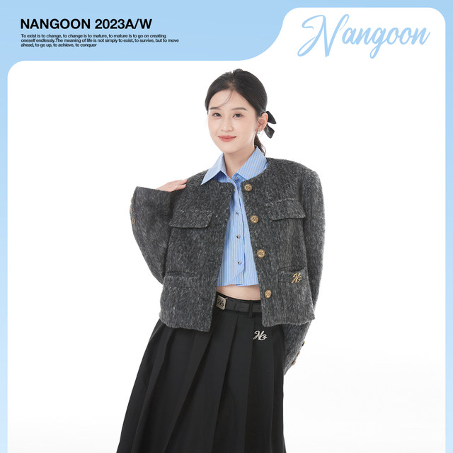 Nangoon miscellaneous gray woolen woolen small incense wind short coat autumn and winter original design sense warming design sense top girl