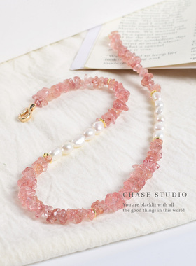 原创天然草莓晶随形项链