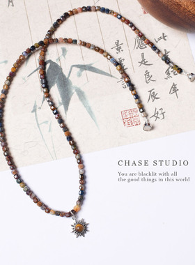 天然彼得石925银太阳花锁骨链女