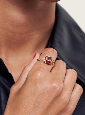 珐琅森系花朵石榴宝石戒指