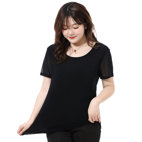 加肥加大码女装打底衫春季显瘦长袖200斤胖MM网纱弹力打底上衣女 - 图2