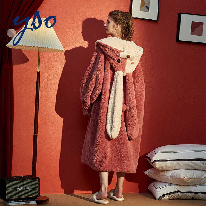 yso秋冬季珊瑚绒可爱长耳兔女睡袍 yso睡袍/浴袍