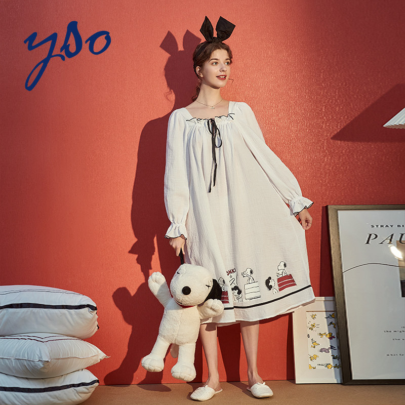 yso史努比春秋纯棉长袖荷叶边睡衣 yso睡裙