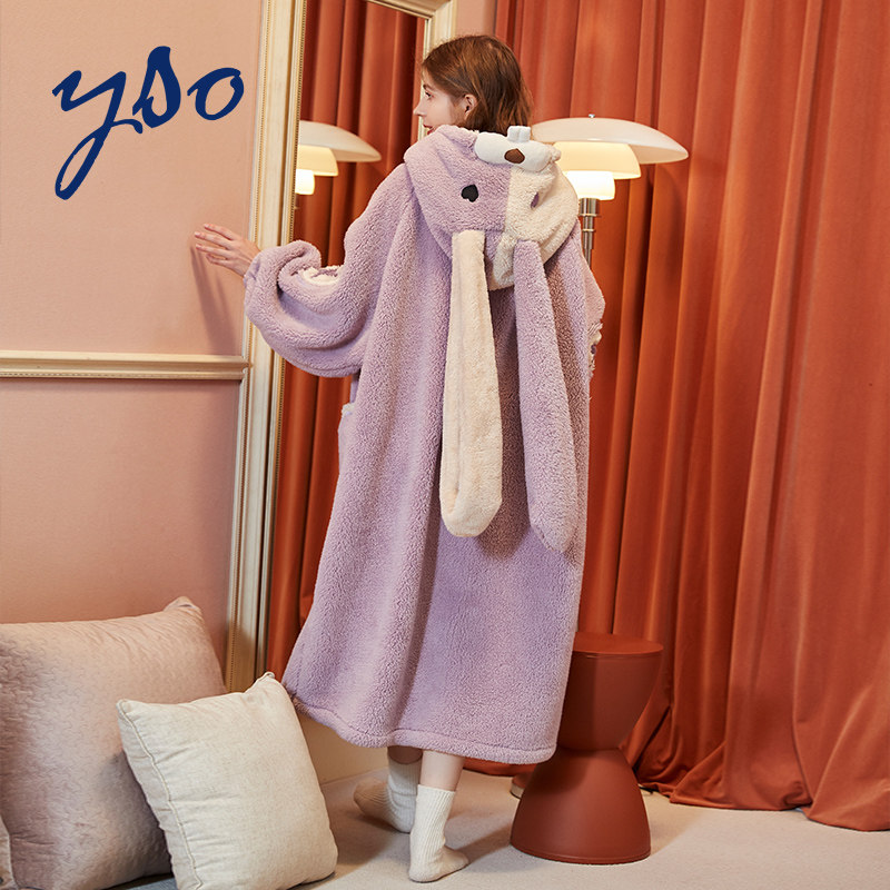 yso秋冬季珊瑚绒可爱长耳兔女睡袍 yso睡袍/浴袍