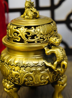 复古螭龙双耳纯黄铜香炉家用三足香薰炉室内檀香炉沉香熏香盘香炉