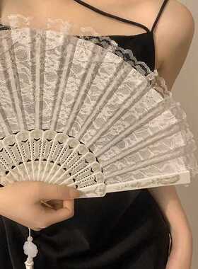 新中式复古黑色蕾丝折扇jk洛丽塔汉服旗袍扇子流苏古风拍照道具潮