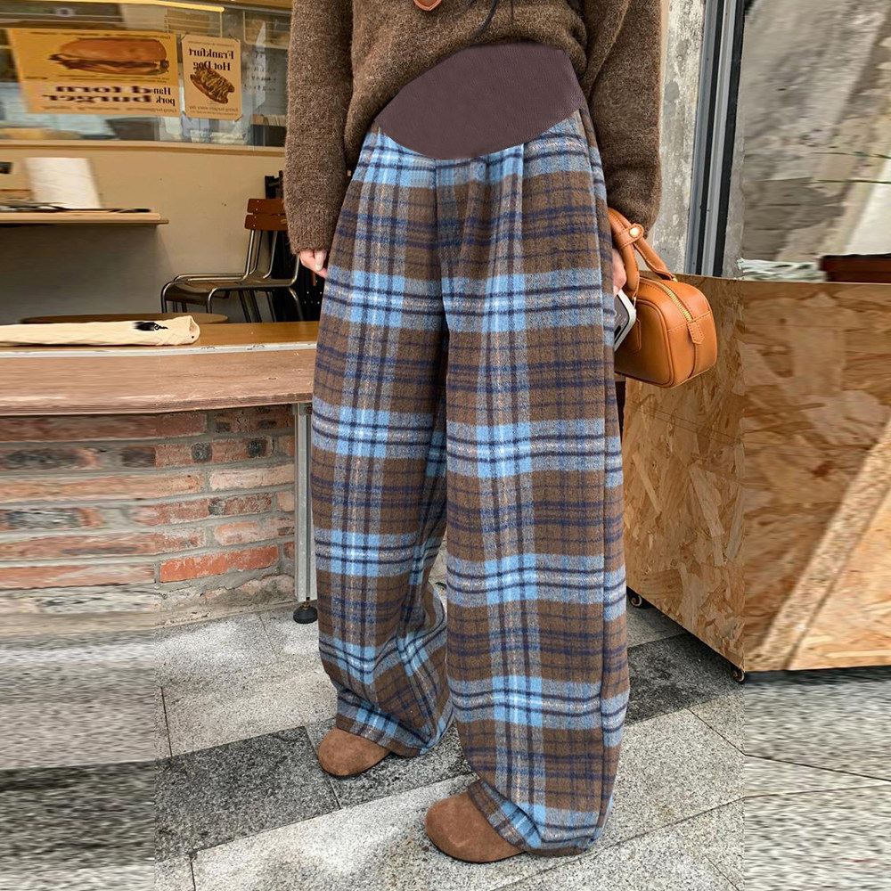 洋气复古蓝格子孕妇毛呢格子裤秋冬托腹加绒直筒裤休闲阔腿长裤子,淘宝优惠券,粉丝福利购,淘宝优惠卷