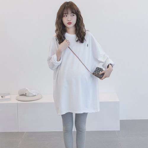 孕妇春装套装时尚款韩国打底衫潮妈休闲白色纯棉长袖孕妇T恤春秋 - 图2