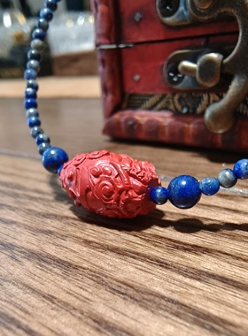 新国潮小清新青金石小米珠锁骨项链朱砂大珠子喜庆颈链短链