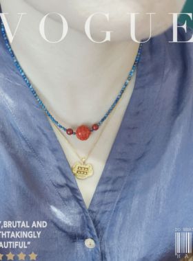 新国潮小清新青金石小米珠锁骨项链朱砂大珠子喜庆颈链短链