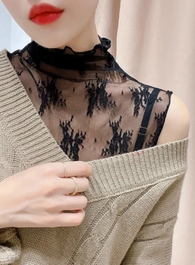 蕾丝假领子百搭女半高领吊带背心花边领打底衫内搭木耳边无袖上衣