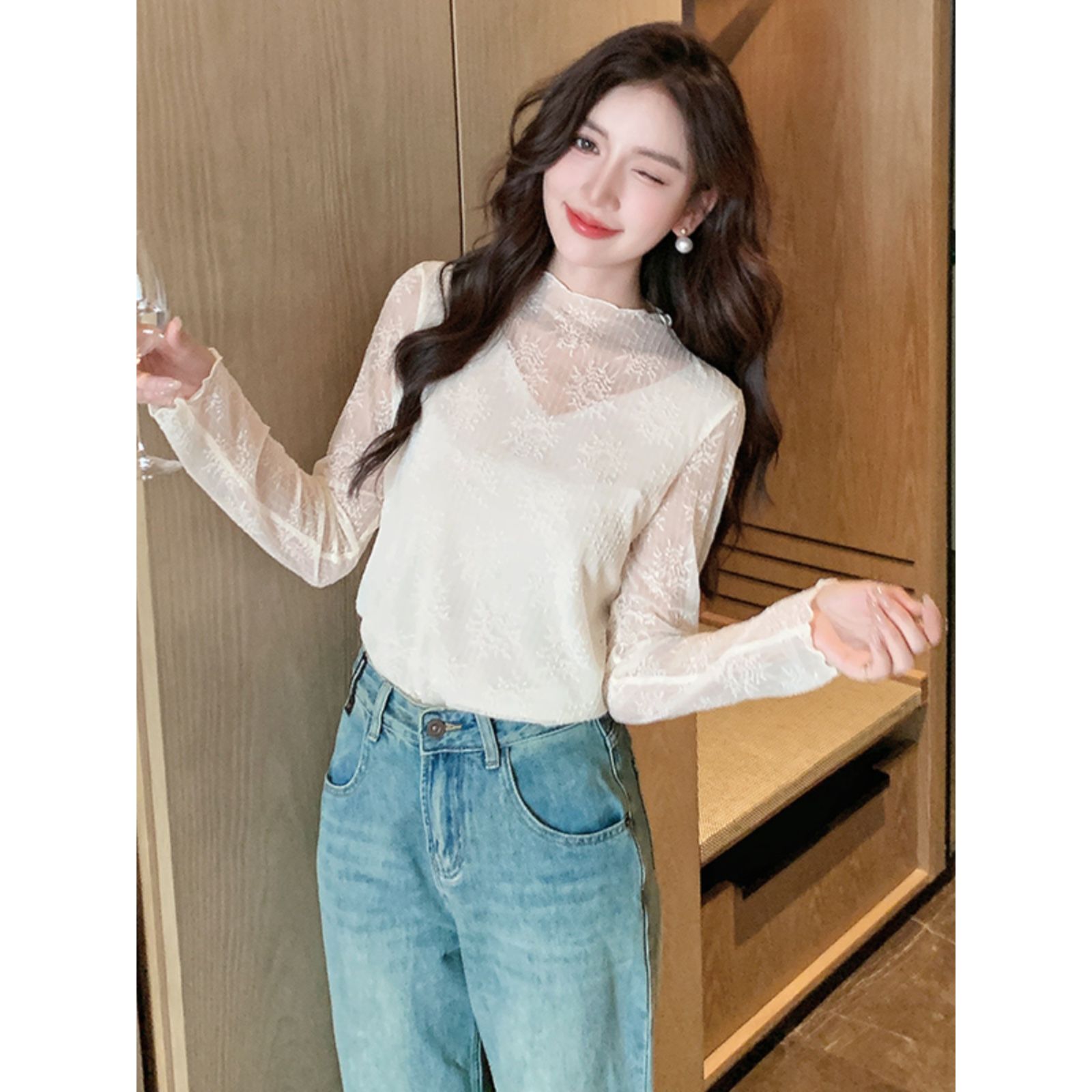 半高领蕾丝打底衫女2025新款春秋高级感时尚洋气皮草内搭网纱上衣 - 图0