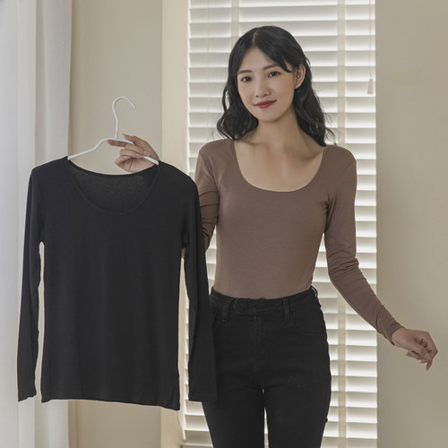 秋冬莫代尔打底衫女长袖U领低领木代尔修身显瘦紧身衣大领圆领T恤 - 图0