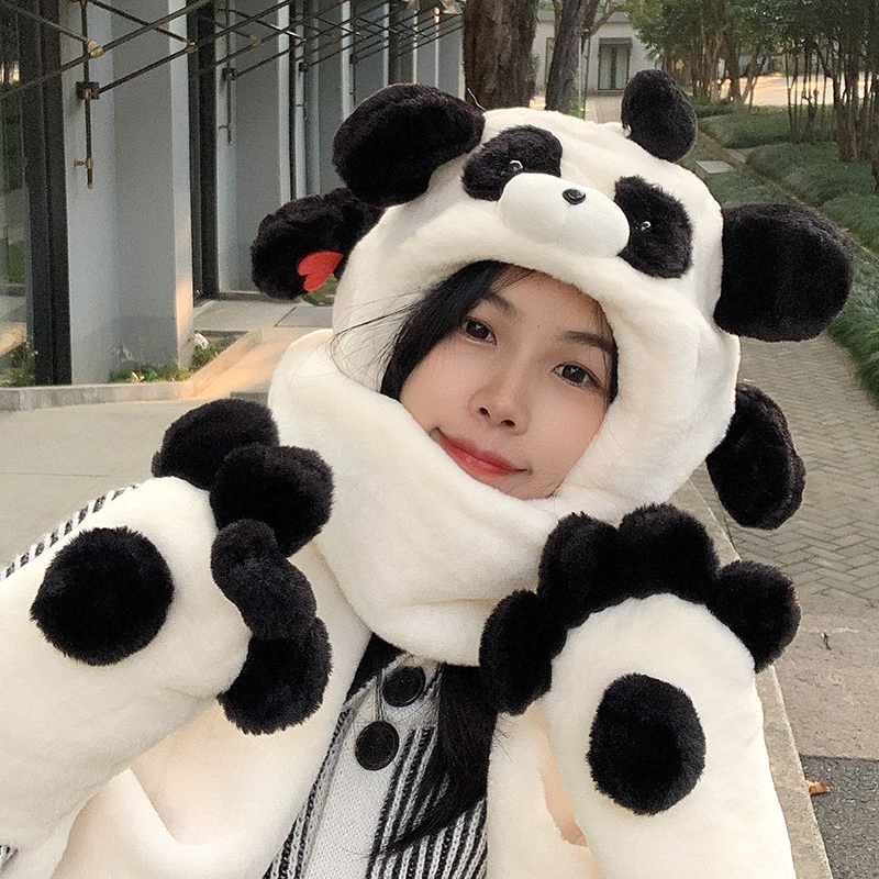 可爱熊猫毛绒帽子围巾一体连帽手套三件套女秋冬季学生冬天保暖
