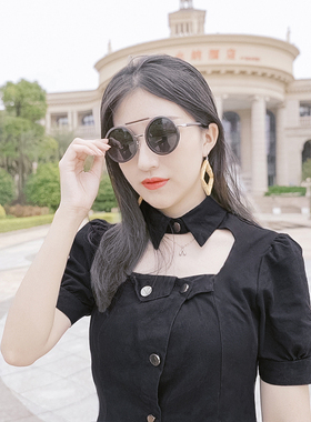 金属双竹木黑檀木框圆形太阳眼镜