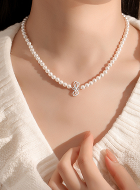 Winy925银项链高级感小众蝴蝶结小米珠珍珠项链女生日礼物送女生