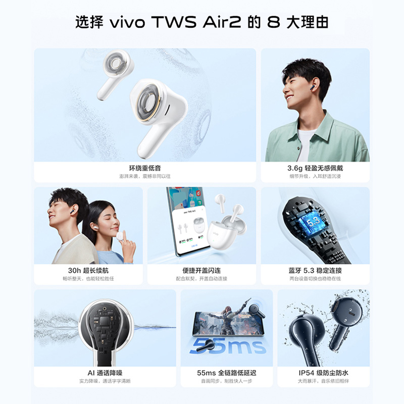 vivo TWSAir2原装蓝牙耳机超长续航高音质降噪半入耳式无延迟运动 - 图0