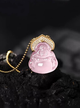 粉色玉髓佛公项链女新款水晶吊坠天然芙蓉石s925纯银镶嵌项链女款