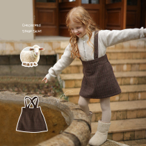 Girl Pure Cotton Wool Retro 100 Hitch Small Crowdage Plaid Harness Short Skirt Baby Autumn Winter Gross Burqa Dress