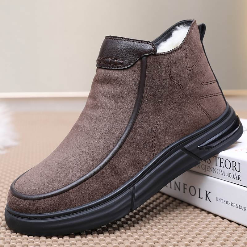 纯羊毛棉鞋男款冬高帮老北京休闲保暖鞋加厚橡胶防滑底防寒爸爸鞋 - 图0