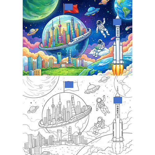 数字绘画创意实践探索电子版手抄报模板科幻太空主题可打印线稿图 - 图0