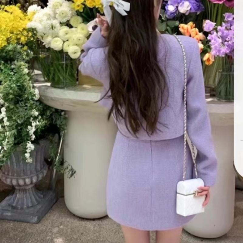 紫色名媛气质职业套装女2024春季新款小香风外套半身裙两件套装裙