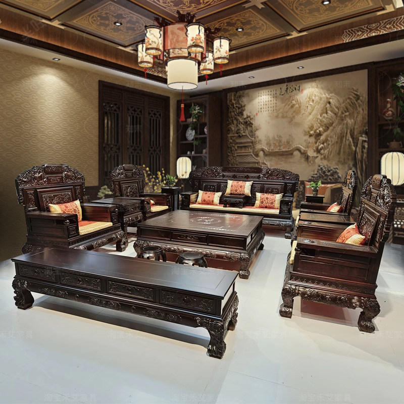 新古典实木沙发组合客厅家用雕花明清古典仿古仿红木大别墅家具,淘宝优惠券,粉丝福利购,淘宝优惠卷