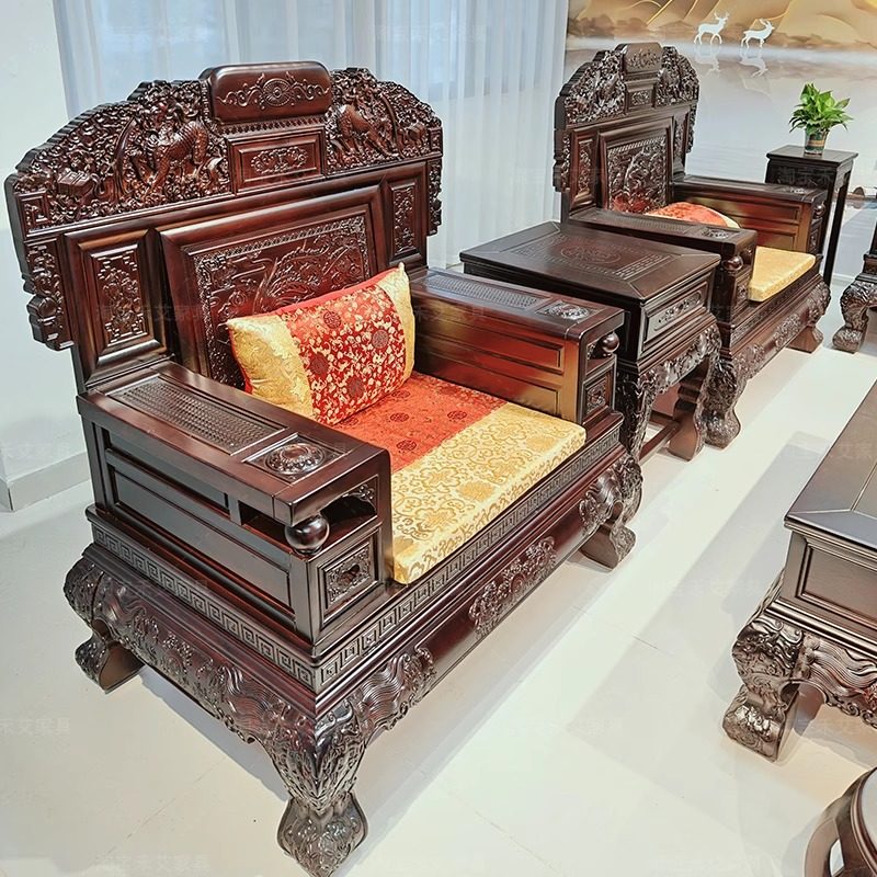 新古典实木沙发组合客厅家用雕花明清古典仿古仿红木大别墅家具,淘宝优惠券,粉丝福利购,淘宝优惠卷