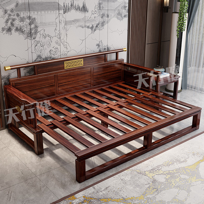 乌金木新中式罗汉床实木两用茶桌椅客厅禅意带抽拉推拉沙发床榻,淘宝优惠券,粉丝福利购,淘宝优惠卷