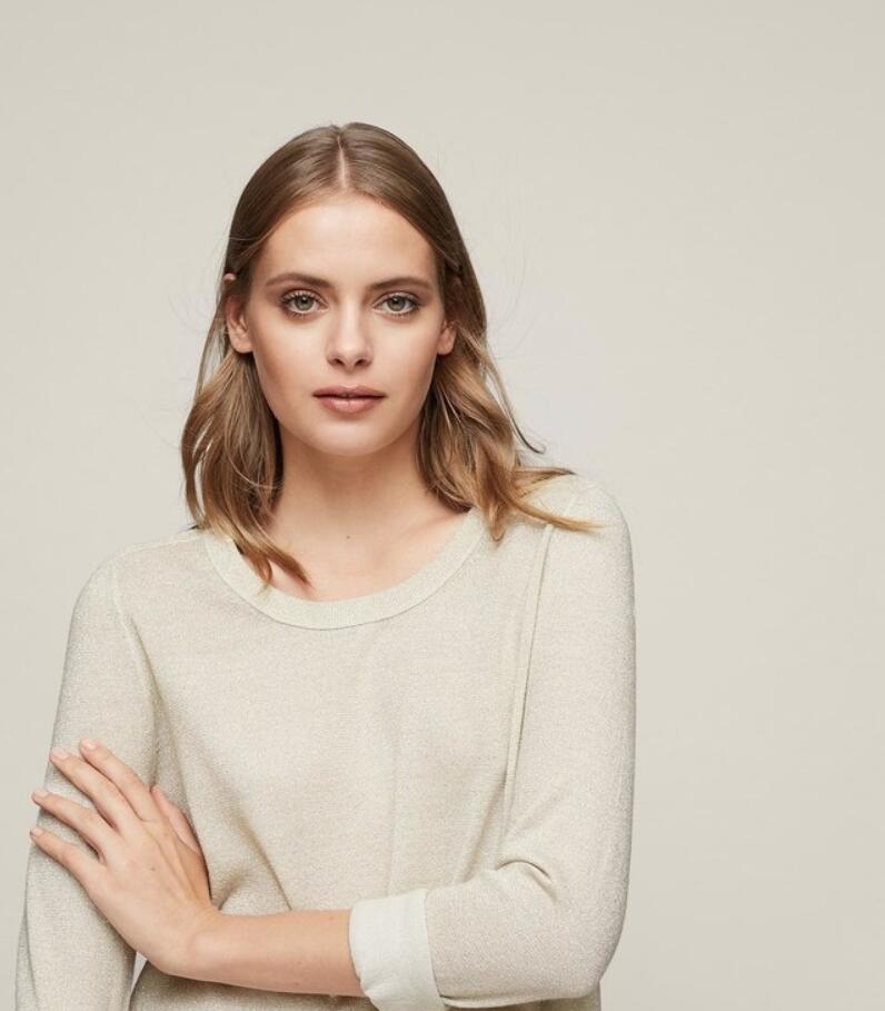 REISS长袖羊毛针织衫上衣燕麦色圆领后系带简约淑女清新通勤百搭 - 图2