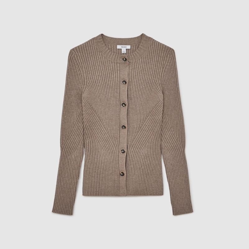 REISS石棕色长袖针织衫开衫短款弹力修身坑条纹圆领日常通勤干练 - 图3