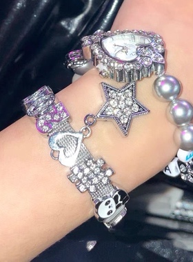 自制Y2K涩谷辣妹随机颜色KT熊猫水钻字母吊坠钢带手环手链