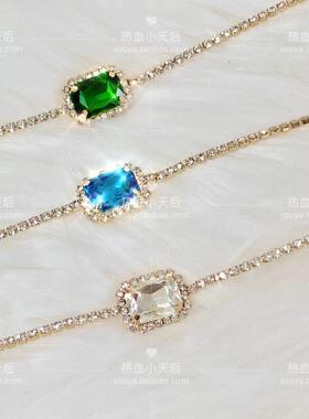 蓝/白//绿彩色水晶石手作金色闪钻项链