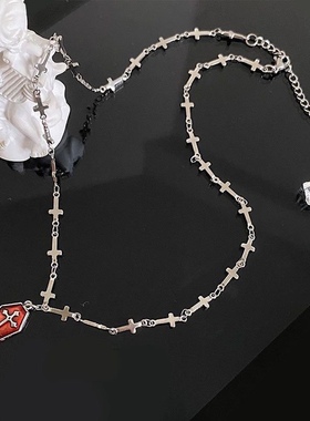 欧美暗黑红色滴油钛钢十字架项链朋克哥特复古毛衣链