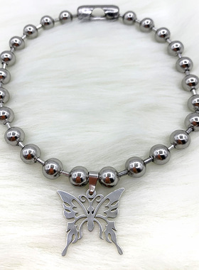 欧美个性彩色蝴蝶珠链项链男女时尚嘻哈情侣吊坠银色复古饰品颈链